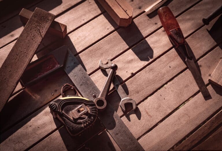 Carpenter tools on workbench. Carpentry work with old tools. DIY equipment for carpenter. Woodwork